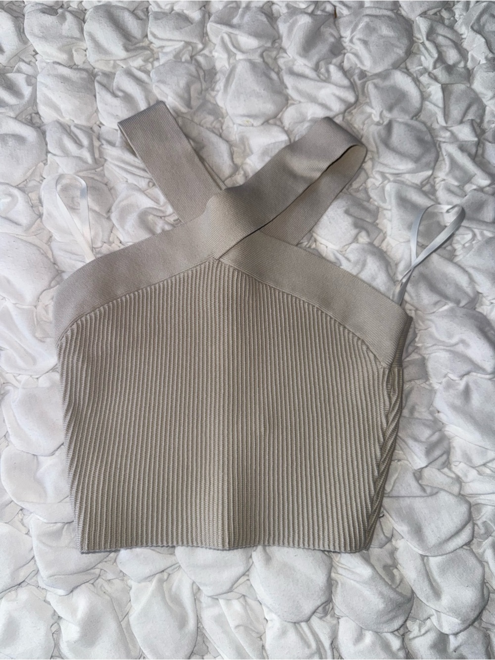 Babaton Ribbed Cross-Back Crop Top - Cream/Tan